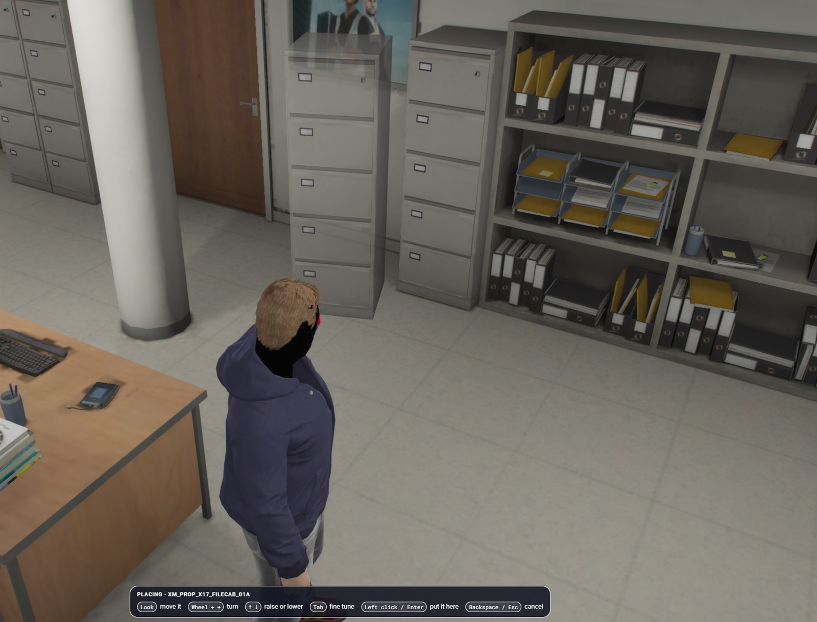 A filing cabinet following the player's view while being placed in an office