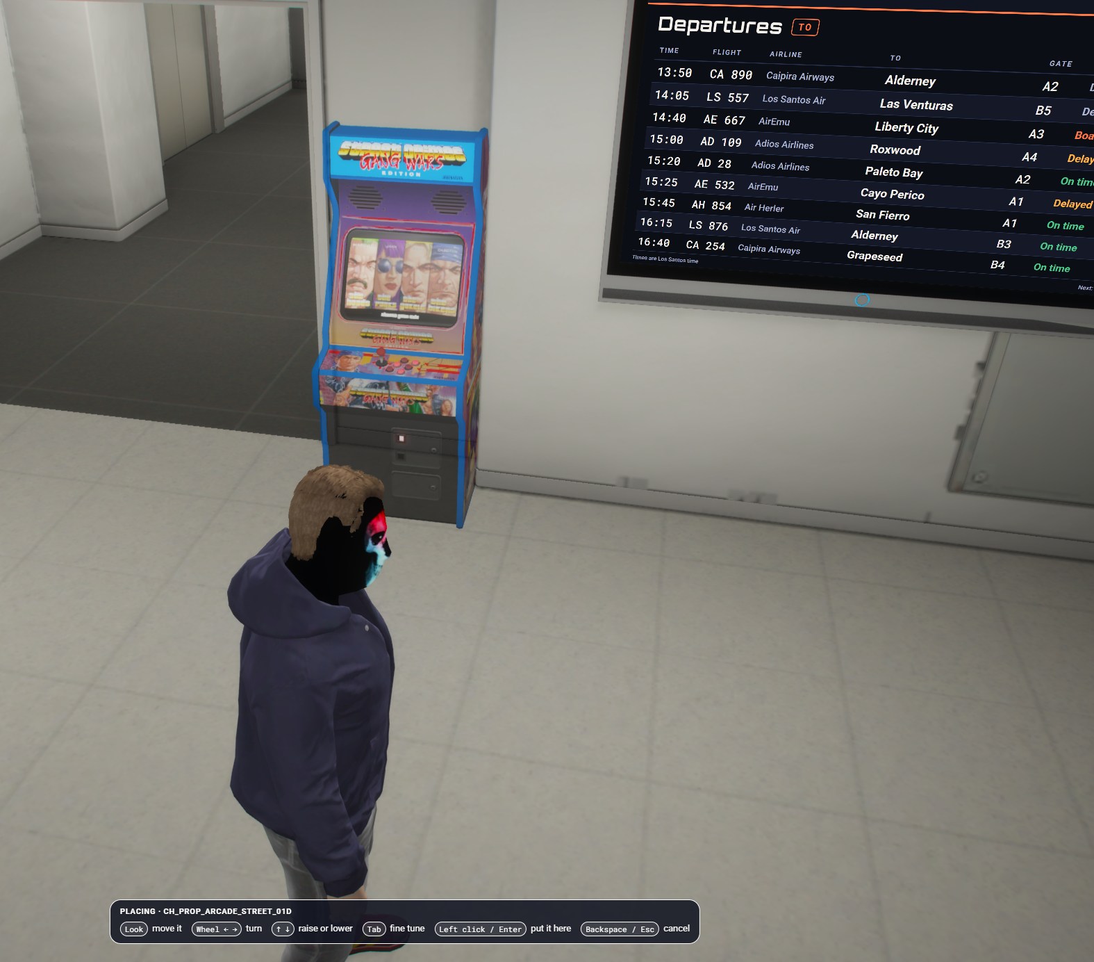 An arcade cabinet being placed beside an airport departures board