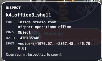 Inspect card showing model name, kind, hash and position of an object