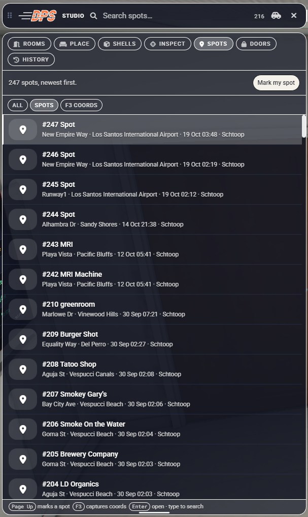 Studio Spots tab listing saved positions with street, area, time and author