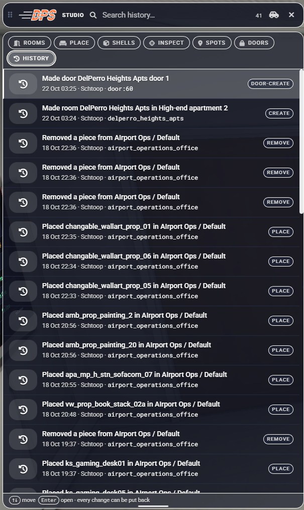 Studio History tab listing room and door changes with type labels